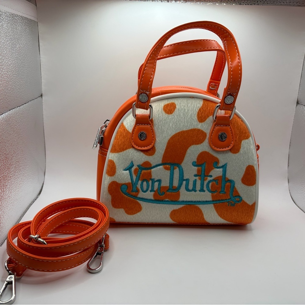 Von Dutch Orange & White Cowprint Mini Satchel with Teal Logo